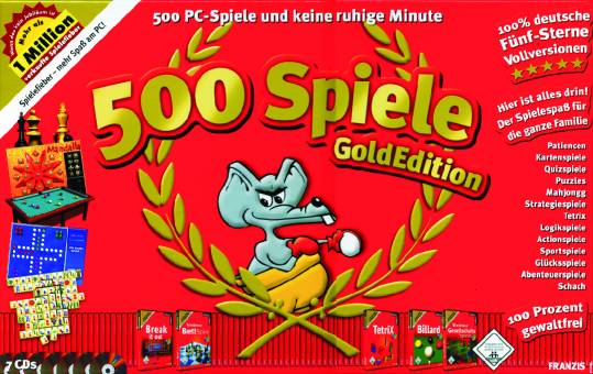 500 Spiele Gold Edition 500 PC-Spiele und keine ruhige Minute 100% deutsche Fünf-Sterne Vollversionen
Hier ist alles drin!
Der Spielespaß für die ganze Familie
100 Prozent gewaltfrei