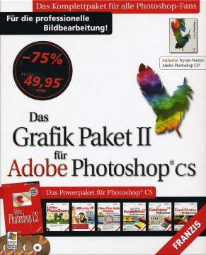 Das Grafik Paket II für Adobe Photoshop CS  Das Komplettpaket für alle Photoshop-Fans
Für die professionelle Bildbearbeitung! 

Das Powerpaket für Photoshop(R) CS 

4 CD-ROMs + HotStuff Color Buch 