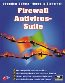 Firewall - AntiVirus-Suite Doppelter Schutz - doppelte Sicherheit Blockiert gefährliche Internetseiten
Stoppt Pop-Up-Fenster und vernichtet Spyware
Schützt vor Viren, Trojanern und Würmern
Dauerhafte Überwachung im Hintergrund