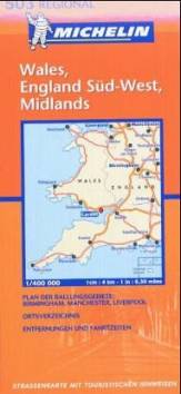 Michelin Regionalkarte 503 Großbritannien:  Wales, England Süd-West, Midlands Strassenkarte mit touristischen Hinweisen. Plan d. Ballungsgebiete Birmingham, Manchester, Liverpol. Ortsverz., Entfernungen u. Fahrzeiten. 1 : 400.000 9. Aufl. / Maßstab 1:400.000 / 1 cm : 4 km - 1 in : 6,30 miles