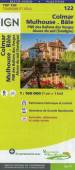 IGN Karte Top 100, Tourisme et vélo 122: Colmar - Mulhouse - Bâle - PNR des Ballons des Vosges. Alsace du sud (Sundgau) - Patrimoine historique et naturel, Itinéraires de Grande Randonnée, Eurovélo, véloroutes et voies vertes