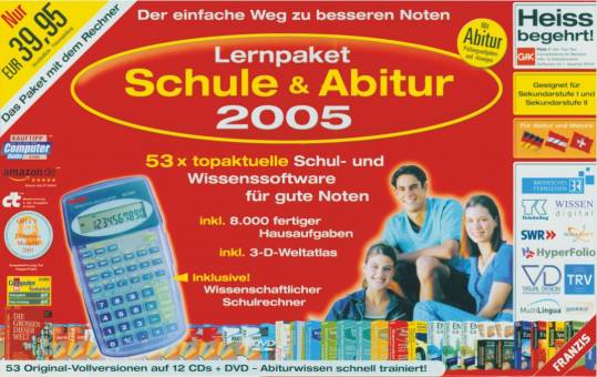 Lernpaket Schule & Abitur 2005 Der einfache Weg zu besseren Noten 53 Original-Vollversionen auf 12 CDs + DVD - Abiturwissen schnell trainiert
53 x topaktuelle Schul- und Wissenssoftware für gute Noten
inkl. 8.000 fertiger Hausaufgaben
inkl. 3-D-Weltatlas
inklusive! Wissenschaftlicher Schulrechner