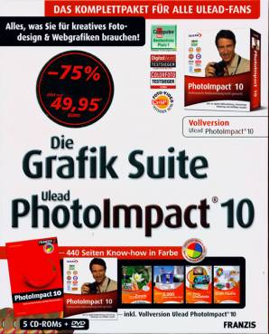 Die Grafik Suite Ulead PhotoImpact 10 Das Kpmplettpaket für alle Ulead-Fans Alles, was Sie für kreatives Fotodesign & Webgrafigen brauchen!
inkl. Vollversion Ulead PhotoImpact 10
5 CD-ROMs + DVD
