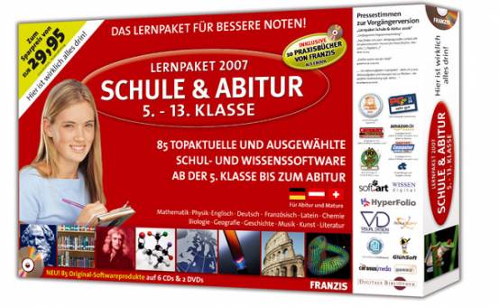 Lernpaket 2007 Schule & Abitur. 6 CD-ROMs + 2 DVD-ROMs für Windows 98 SE/ME/XP. 5. - 13. Klasse  Breite Schachtel mit 85 Original-Softwareprodukte auf 6 CDs & 2 DVDs