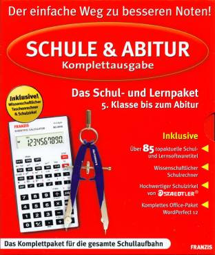 Schule & Abitur Komplettpaket Das Schul- und Lernpaket 5. Klasse bis zum Abitur Der einfache Weg zu besseren Noten!
Das Komplettpaket für die gesamte Schullaufbahn
Inklusive:
Über 85 topaktuelle Schul- und Lernsoftwaretitel
Wissenschaftlicher Schulrechner
Hochwertiger Schulzirkel von Staedtler
Komplettes Office-Paket WordPerfect12