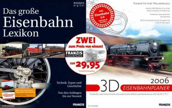 Modelleisenbahn Superpaket Das große Eisenbahn Lexikon 3D Eisenbahnplaner 2006 Technik, Typen und Geschichte
Von den Anfängen bis zur Neuzeit

Planen Sie Ihre Traumanlage

Jeweils 400 Modelle in fünf verschiedenen Spurweiten

Planung über mehrere Bauebenen

28 Gleissysteme in den Spurweiten
Z, N, TT, H0 und 1

Planung und Simulation von komplexen Modellbahnanlagen für H0, N, Z, TT, 1