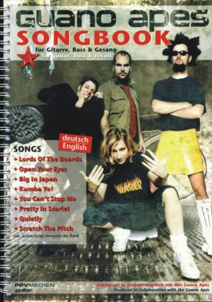 Guano Apes Songbook für Gitarre, Bass & Gesang deutsch/English
SONGS:
Lord of The Board 
Open Your Eyes 
Big in Japan 
Kumba Yo! 
Youn can't stop me 
Pretty in Scarlet 
Quietly 
Scratch the pitch
