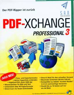 PDF Xchange Professional 3 Der PDF-Ripper ist zurück • Easy- und Expertenmodus Aktive Hyperlinks einbinden 
• HighEnd-PDFs dank 2400 dpi Wasserzeichen für Bild und Text Unterstützt über 40 Papierformate • Direct-Scan via Twain-Schnittstelle
• Direct-E-Mail für den schnellen Versand
• Maximale Sicherheit (40-bit/128-bit)
• Kompatibel zu Adobe® Acrobat Reader 3.X-6.X und künftige Versionen
• Druckt bis zu 16 Seiten auf nur ein A4 Blatt
