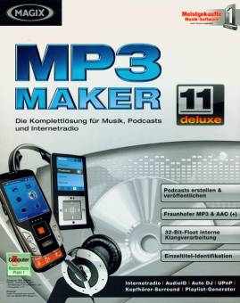 MAGIX MP3 Maker 11 deluxe Die Komplettlösung für Musik, Podcasts und Internetradio Podcasts erstellen & veröffentlichen
Fraunhofer MP3 & AAC (+)
32-Bit-Float interne Klangverarbeitung
Einzeltitel-Identifikation
Internetradio / AudiolD / Auto DJ / UPnP / Kopfhörer-Surround / Playlist-Generator
