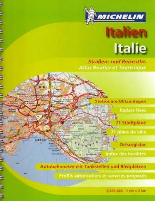 Michelin Staßen-Atlas Italien / Italia Maßstab 1:200.000  Straßen- und Reiseatlas
Stationäre Blitzanlagen
71 Stadtpläne
Ortsregister
Autobahnnetze mit Tankstellen und Rastplätzen
1:200000 - 1 cm = 2 km