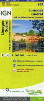 IGN Cartes Top 100 - Straßenkarte. 1:100000 : SK 147 Limoges - Guéret - PNR de Millevaches en Limousin Patrimoine historique et naturel. Itinéraires de Grande Randonnée. Eurovélo, véloroutes et voies vertes 4. Aufl.

Vertrieb in Deutschland über: https://www.geocenter.de