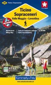 Tessin Nord - Ticino Sopraceneri Valle Maggia - Leventina Wanderkarte. Unterkunft und Verpflegung, Autobuslinien mit Haltestellen, Index. GPS-tauglich. 25 Meter Höhenkurven. Waterproof. 1 : 60.000