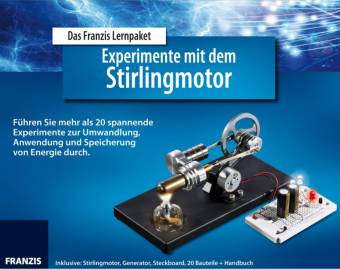 Das Franzis Lernpaket Experimente mit dem Stirlingmotor   Führen Sie mehr als 20 spannende Experimente zur Umwandlung, Anwenudung und Speicherung von Energie durch. 
Inclusive: Stirlingmotor, Generator, Steckboard, 20 Bauteile + Handbuch
