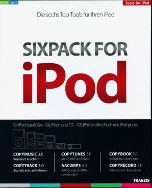 SIXPACK FOR iPod  Die sechs Top-Tools für Ihren iPod Für iPod classic G4 - G6, iPod nano G2 - G3, iPod shuffle, iPod mini, iPod photo
COPYMUSIC 3.0	Kopieren & sichern
COPYTUNES 3.0	Mit iTunes umziehen	
COPYBOOK3 0     Hörbücher übertragen
COPYTRACK 3.0	Soundtracks aufnehmen	
AAC2MP3 3.0	AAC-Songsin MP3s	
COPYRECORD 3.0  Alles sichern & kopieren