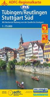 Tübingen / Reutlingen / Stuttgart Süd - Fahradkarte - ADFC Regionalkarte 1:75.000 mit Neckartal-Radweg von der Quelle bis Stuttgart