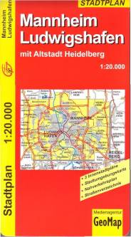 Mannheim / Ludwigshafen - Stadtplan Maßstab 1:20000 mit Altstadt Heidelberg
