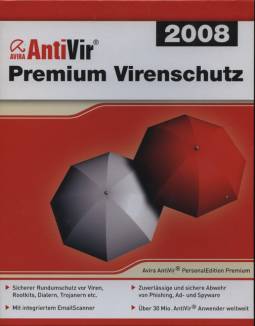 Avira AntiVir® Premium Virenschutz 2008  -  Sicherer Rundumschutz vor Viren, Rootkits, Dialern, Trojanern etc.
-  Mit integriertem EmailScanner
-  Zuverlässige und sichere Abwehr von Phishing, Ad- und Spyware
-  Über 30 Mio. AntiVir® Anwender weltweit