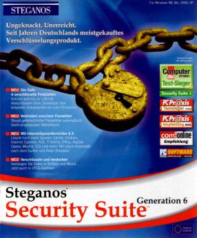 Steganos Security Suite Generation 6 <b>Ungeknackt. Unerreicht. Seit Jahren Deutschlands meistgekauftes Verschlüsselungsprodukt.</b>

<b>• NEU - Der Safe:</b>
<b>4 verschlüsselte Festplatten</b>
Schützt jetzt bis zu 128GB. Verschlüsseln ohne Zeitverlust: Von brisanten Dokumenten bis zum Filmarchiv

<b>• NEU - Verhindert unsichere Passwörter</b>
Stoppt gebräuchliche Passwörter automatisch. Dank eingebautem Wörterbuch

<b>• NEU - Mit InternetSpurenVernichter 6.5</b>
Löscht noch mehr Spuren: Cache, Cookies, Internet Explorer, AOL, T-Online, Office, KaZaA, Opera, Mozilla, ICQ und mehr! Mit Lösch-Automatik nach dem Surfen und Datei-Shredder

<b>•NEU - Verschlüsseln und verstecken</b>
Verbergen Sie Daten in Bildern und Musik. Jetzt auch in JPEG-Grafiken