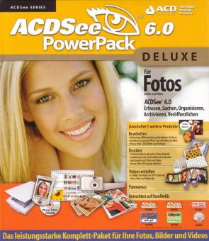 ACDSee 6.0 PowerPack Deluxe für Fotos, Bilder und Video ACDSee™ 6.0
Erfassen, Suchen, Organisieren, Archivieren, Veröffentlichen

<b>Beinhaltet 5 weitere Produkte</b>

<b>Bearbeiten</b>
• Vollwertige Bildbearbeitung. Korrigieren. Zeichnen 
• Erstellen von Special Effects und schnellen Grafiken
• Bonus: Über 5000 Bilder und Vorlagen

<b>Drucken</b>
• Professionelles Ausdrucken, Poster, Kalender
• Grobkörnige Fotos hochauflösend ausdrucken
• Geld sparen durch Tinte und Papier
• Bonus: Über 450 Layouts inklusive

<b>Videos erstellen</b>
• Erstellen Sie Videos im MTV-Style von Ihren Fotos und Videoclips

<b>Panoramas</b>

<b>Betrachten auf Handhelds</b>

Das leistungsstarke Komplett-Paket für Ihre Fotos, Bilder und Videos