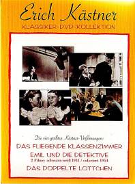Erich Kästner - Klassiker Kollektion (3 DVD)  Die vier größten Kästner-Verfilmungen:

DAS FLIEGENDE KLASSENZIMMER

EMIL UND DIE DETEKTIVE
(2Filme: schwarz-weiß 1931 / coloriert 1954)

DAS DOPPELTE LOTTCHEN