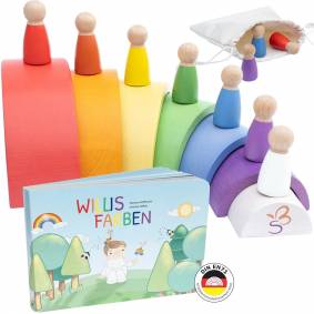 Willis Regenbogenwelt Premium Regenbogen aus Buchenholz mit Holzfiguren und Kinderbuch