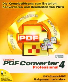 ScanSoft PDF Converter Professional 4.0 Die Komplettlösung zum Erstellen, Konvertieren und Bearbeiten von PDFs 100 % Standard-PDF! Noch genauer... noch sicherer
GENIAL! PDFs als Audiodateien speichern und auf Computer, MP3-Player, Apple® iPods etc. abspielen!